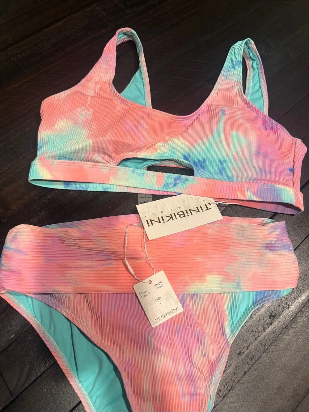 TiniBikini pink and blue tie-dye ribbed two-piece bikini set NWT Size L
